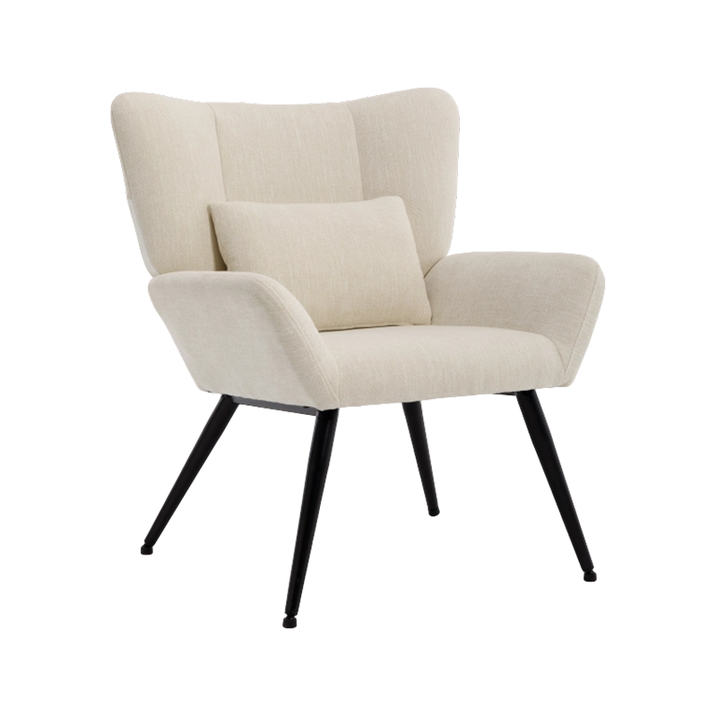 Generously Proportioned Wide-Seat Statement Chair in Light Ivory Fabric With Black Steel Frame